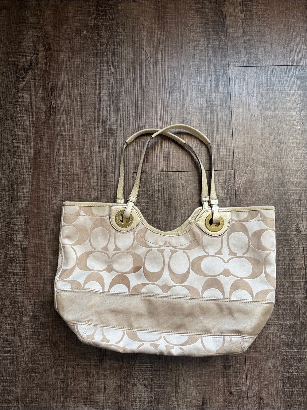 Coach Neutral Signature Canvas Tote with Gold Rings